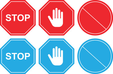 Set of Red and Blue Stop and Prohibition Signs