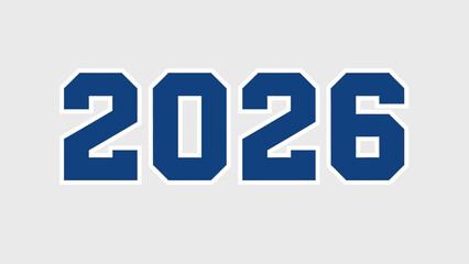 The year 2026 displayed in a bold, blue, collegiate-style font against a light gray background.