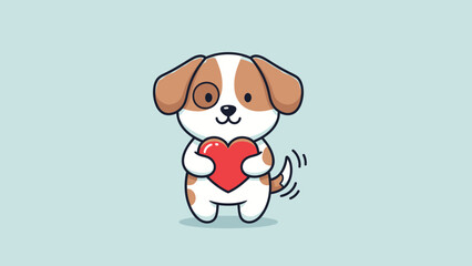 A cute cartoon puppy holding a red heart, expressing love and affection.