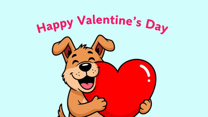 Cartoon dog hugs a red heart against a light blue background with "Happy Valentine's Day" text above.