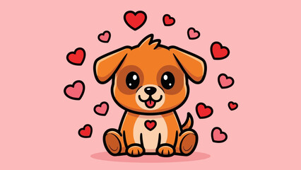 Cartoon dog sitting surrounded by floating hearts, with a heart on its chest, against a pink background.