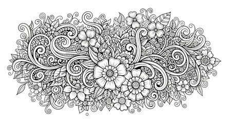 Intricate floral design featuring detailed flowers, leaves, and swirling patterns on a white background