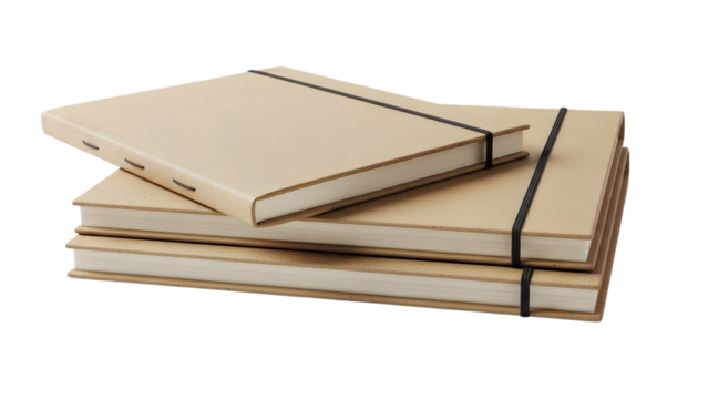 Three closed recycled paper notebooks stacked neatly, visible kraft texture, isolated on bright white background, soft shadow, minimal eco style, high-resolution PNG.