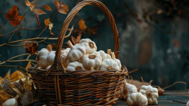 garlic in a wicker basket. Selective focus