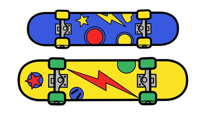 Colorful skateboard designs with playful patterns and shapes on a white background