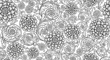 Intricate floral pattern with swirling designs, perfect for backgrounds or textile use