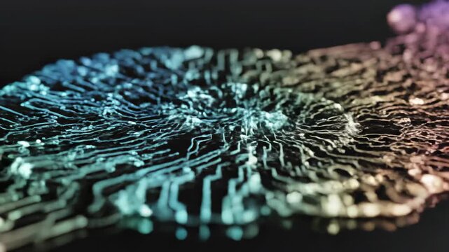 Extreme close-up slow motion of iridescent light waves propagating and interfering across a dark, reflective surface exploration, optical illusion, deep focus
