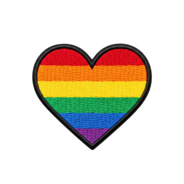 Macro shot of a pristine, heart-shaped embroidered patch with vibrant lgbtq pride flag colors in 3d satin stitch texture, isolated on transparent background. Concept of symbolic textile design