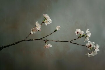 Delicate cherry blossom branch displaying its beautiful white flowers against a subtle, textured background