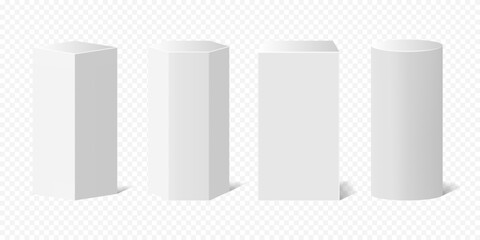 3D White Pedestal Set with Square Column, Hexagonal Column, and Cylinder &ndash; Realistic Geometric Podiums for Product Display, Exhibition Stand, Gallery Showcase, and Award Presentation