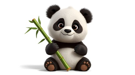 3d panda bear with bamboo sitting on white background