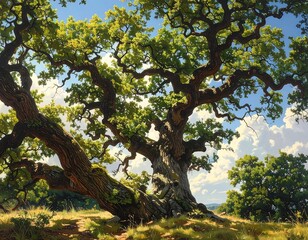 Obraz premium Majestic Oak Tree Reaching Towards the Sky on a Sunny Day with Clouds Backdrop