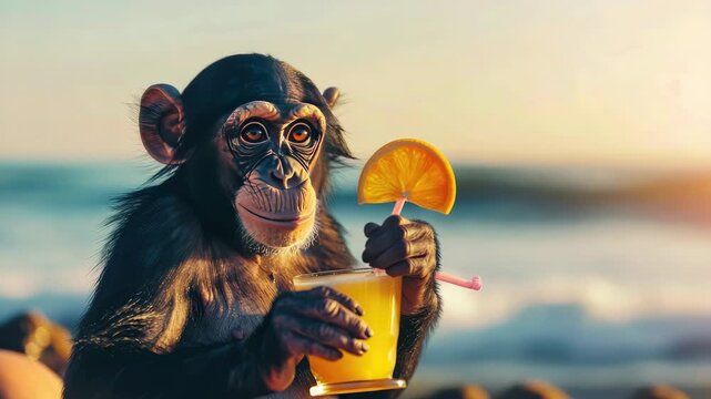 a monkey with a cocktail on the background of the beach. Selective focus