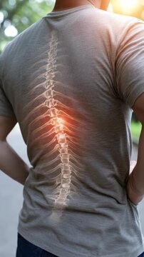 Unidentified person standing outdoors, experiencing significant back pain. A glowing transparent overlay reveals the spinal column, highlighting inflamed nerves vertebrae causing chronic discomfort.