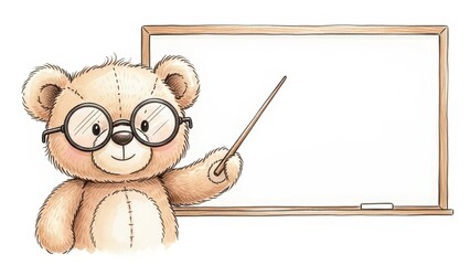 Cute Hand-Drawn Teddy Bear with Glasses Pointing at Whiteboard