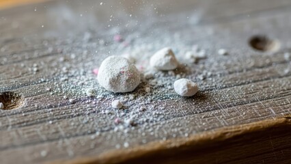 Detailed Macro Shot of Chalk Dust Settling on Wooden Surface