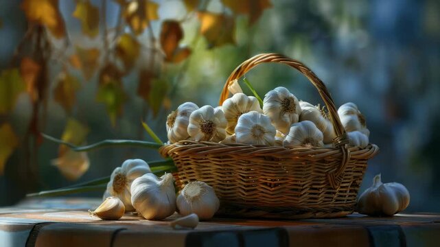 garlic in a wicker basket. Selective focus