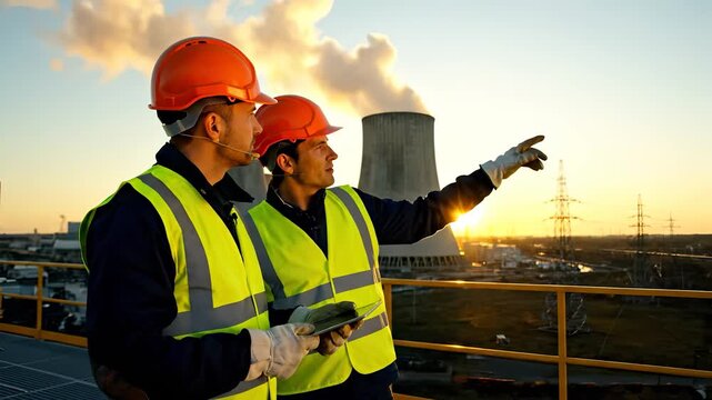 Inspecting powerplant coolingtower at sunset. Two engineers and worker study tablet. Men wear safetyvest and hardhat during inspection. Industrial skyline and steam rise behind team. Teamwork aids.