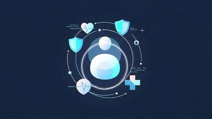 Digital health and wellness abstract figure with protective shields and medical symbols