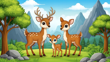 Fototapeta premium Cartoon Deer Family in a Forest Landscape