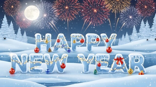 Spectacular Nighttime New Year's Greeting with "HAPPY NEW YEAR" Ice Letters, Festive Christmas Ornaments, String Lights, and Brilliant Fireworks Under a Full Moon