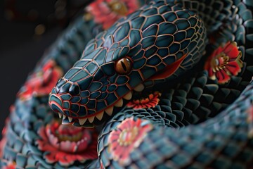 Obraz premium 3d render of a blue snake with red floral pattern showing its fangs