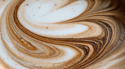 Close-up of swirling coffee and milk mixture creating a marbled pattern. Rich brown and creamy white colors blend together in an abstract design.