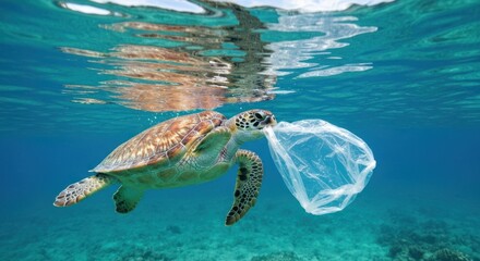 Sea turtle struggling with plastic bag in ocean, highlighting pollution