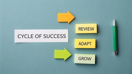 Tools and Steps in the Cycle of Success Illustrating Review, Adapt, and Grow with Colorful Arrows and Sticky Notes