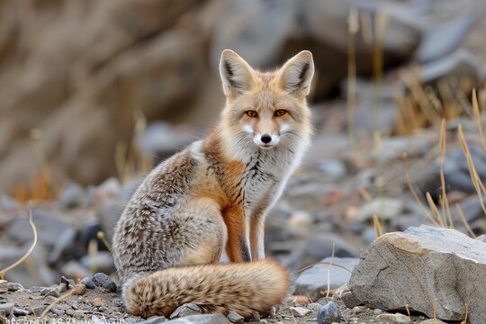 Red fox sitting majestically amidst rocks, displaying its keen awareness and captivating presence