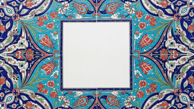 Traditional Turkish Ceramic Tile Illustration with Iznik Style Border