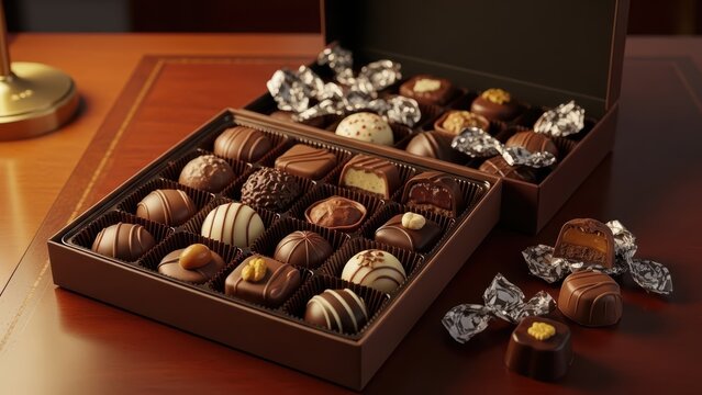 Half Eaten Box of Chocolates Open on Desk with Elegant Presentation