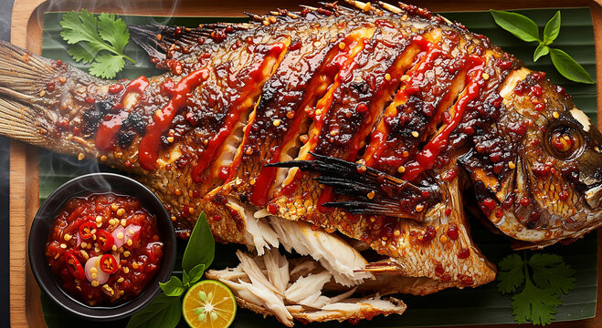 Spicy Indonesian/Malay Grilled Fish (Ikan Bakar) with Sambal Chili Sauce