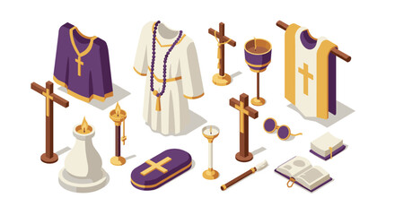 Isometric religious symbols and priest garments in purple and gold
