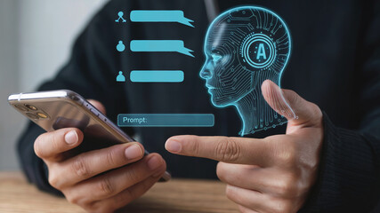 AI Chatbot Prompt Input on Smartphone with Digital Hologram