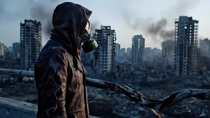 Walking survivor surveys ruined city. Hooded figure wears gasmask. Postapocalyptic ruins and towers surround survivor. Desolate urban landscape shows damaged building. Survivor looks toward horizon. - Powered by Adobe