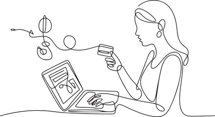 A woman completes an online transaction. Internet banking one-line drawing. one line Icon drawing
