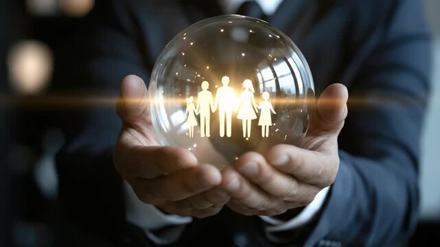 Professional hands cradle a bright transparent orb, showing glowing family figures. This abstract concept visualizes secure future, welfare protection, and life assurance, 