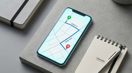Smartphone displaying active GPS navigation on screen, showing clear route lines and location markers, conveying travel guidance, mapping, direction finding, and mobility concepts
