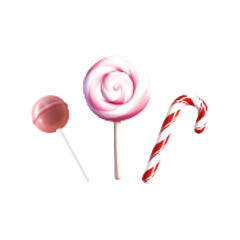 Set of sweet treats in halftone style, including lollipop, swirl candy and candy cane on white background.
