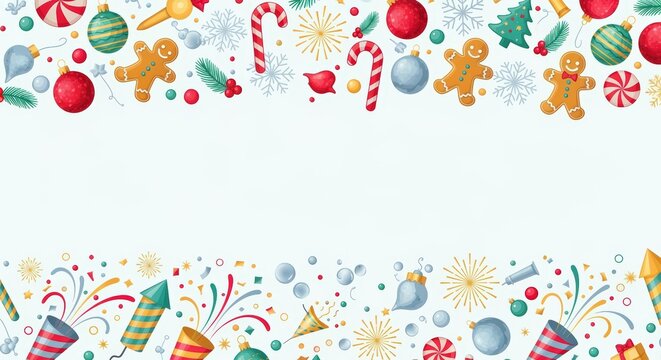 Festive celebration elements holiday season graphic design colorful background top view christmas and new year theme including ornaments and candies - Powered by Adobe
