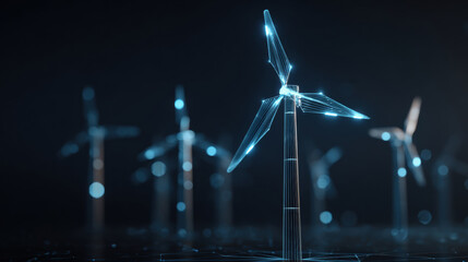 Abstract wind turbines generating clean energy on a dark background. a futuristic representation of wind turbines, symbolizing sustainable energy sources and environmental consciousness.