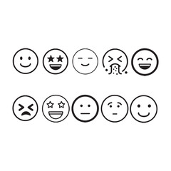 Fototapeta premium This image displays a grid of ten black and white emoji icons. The top row features a smiling face, a face with star eyes, a closed-eye face, a face vomiting, and a laughing face. The bottom row shows
