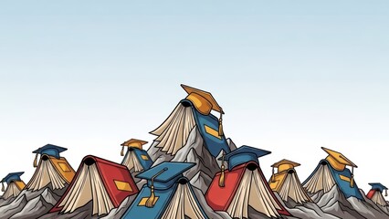 Stylized Illustration of Mountain Range with Book and Cap Peaks