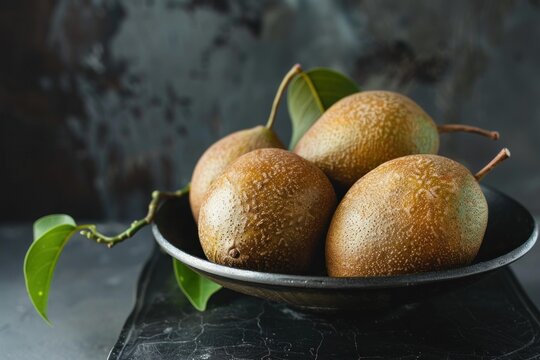 Ripe common medlar fruits, also known as mespilus germanica, displayed in a bowl with accompanying leaves