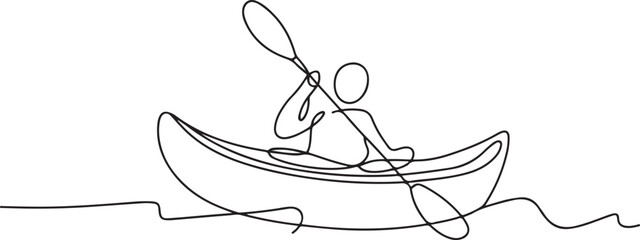 Single continuous line drawing canoe trails and rafting club with kayaking equipment, boat icon continuous one line drawing. one line Icon drawing
