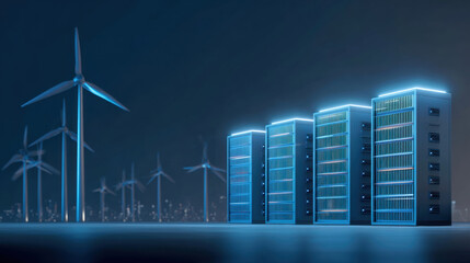 Renewable energy powering modern data centers with wind turbines in the background. A futuristic scene depicting wind turbines generating energy for a row of glowing server racks in a data center.