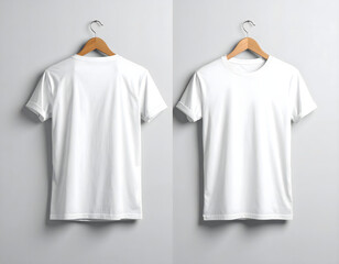 Two plain white t-shirts, front and back views, hanging on wooden hangers against a neutral wall.
