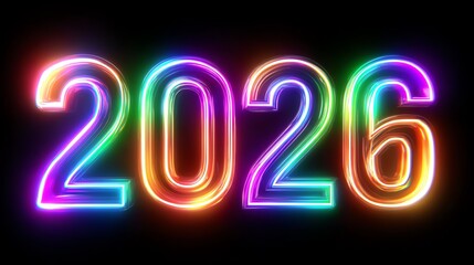 A vibrant, glowing representation of the year 2026 in colorful neon lights, ideal for celebrating future events and festivities. Perfect for New Year themes or advertisements.