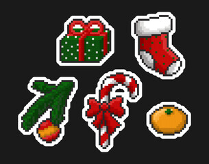Pixel Christmas stickers set. 8-bit holiday icons: Gift, stocking, candy cane, spruce branch, tangerine